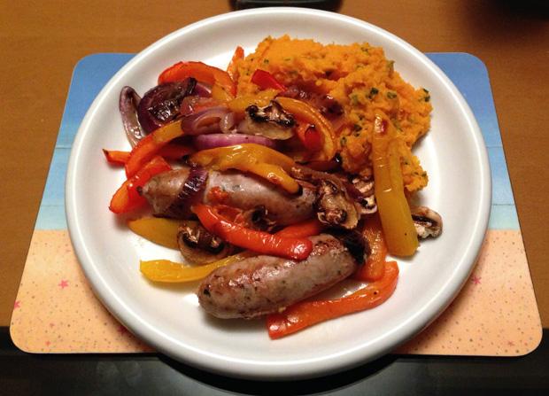 Sausages with Veg and Sweet Potato Mash